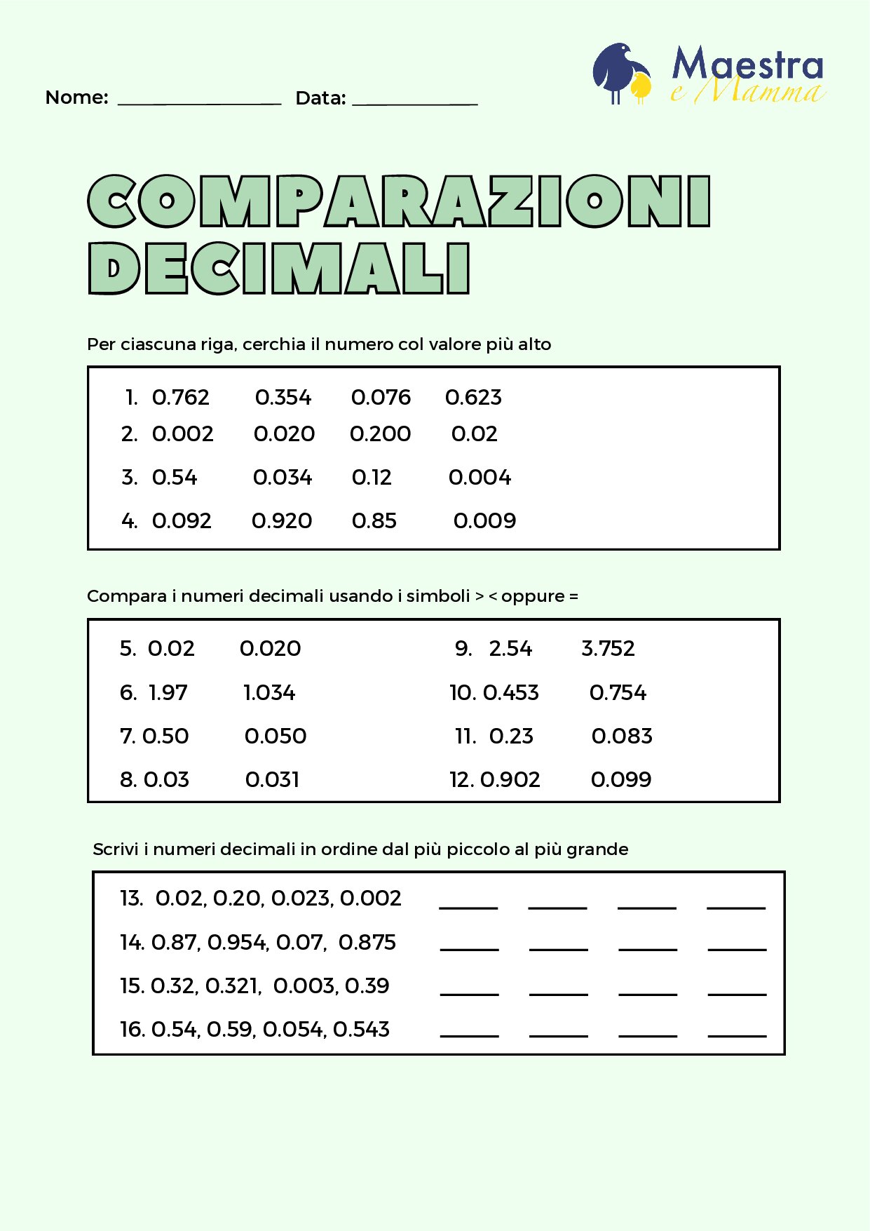 Scheda didattica matematica sulle comparazioni decimali [89 KB]