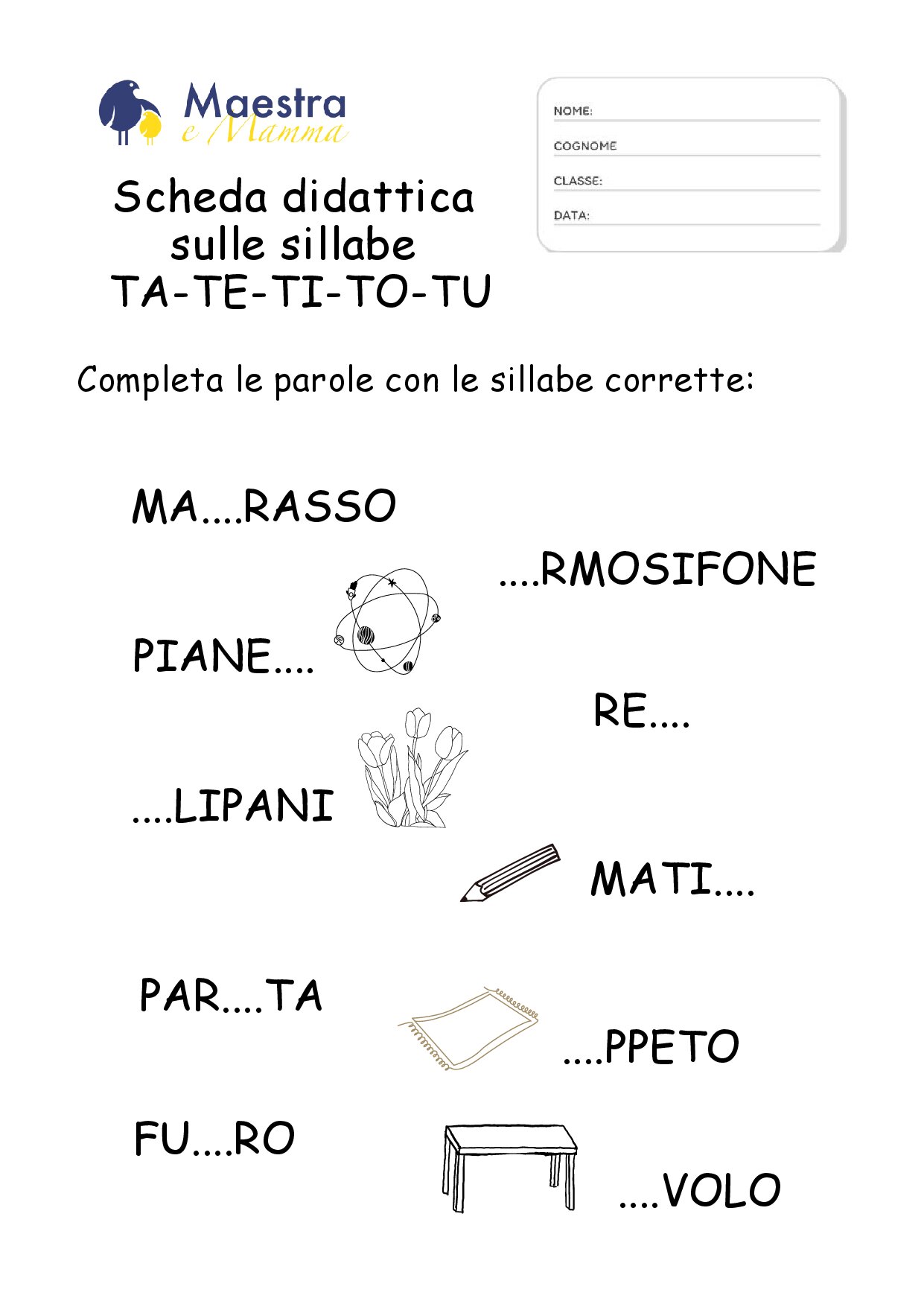 scheda didattica sulle sillabe con la T [124 KB]