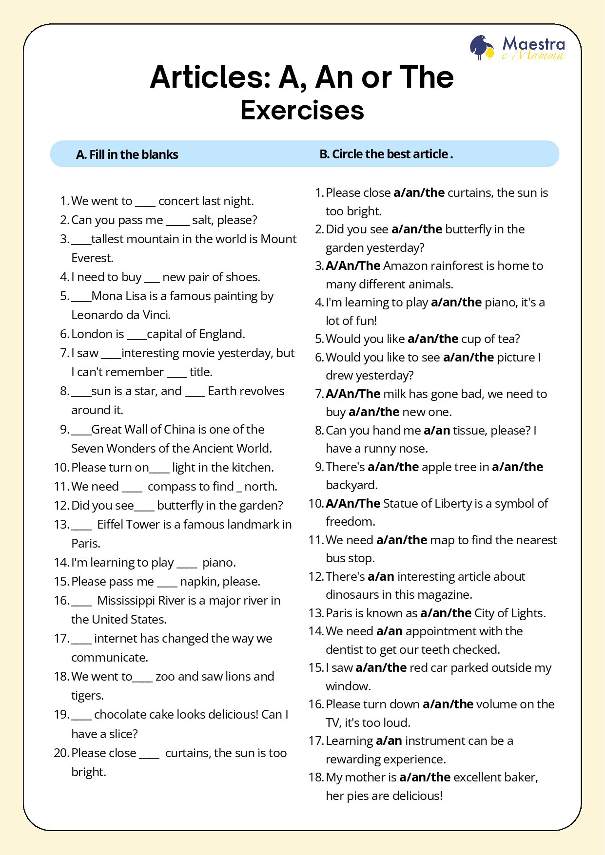 Scheda didattica di inglese A An The [86 KB]