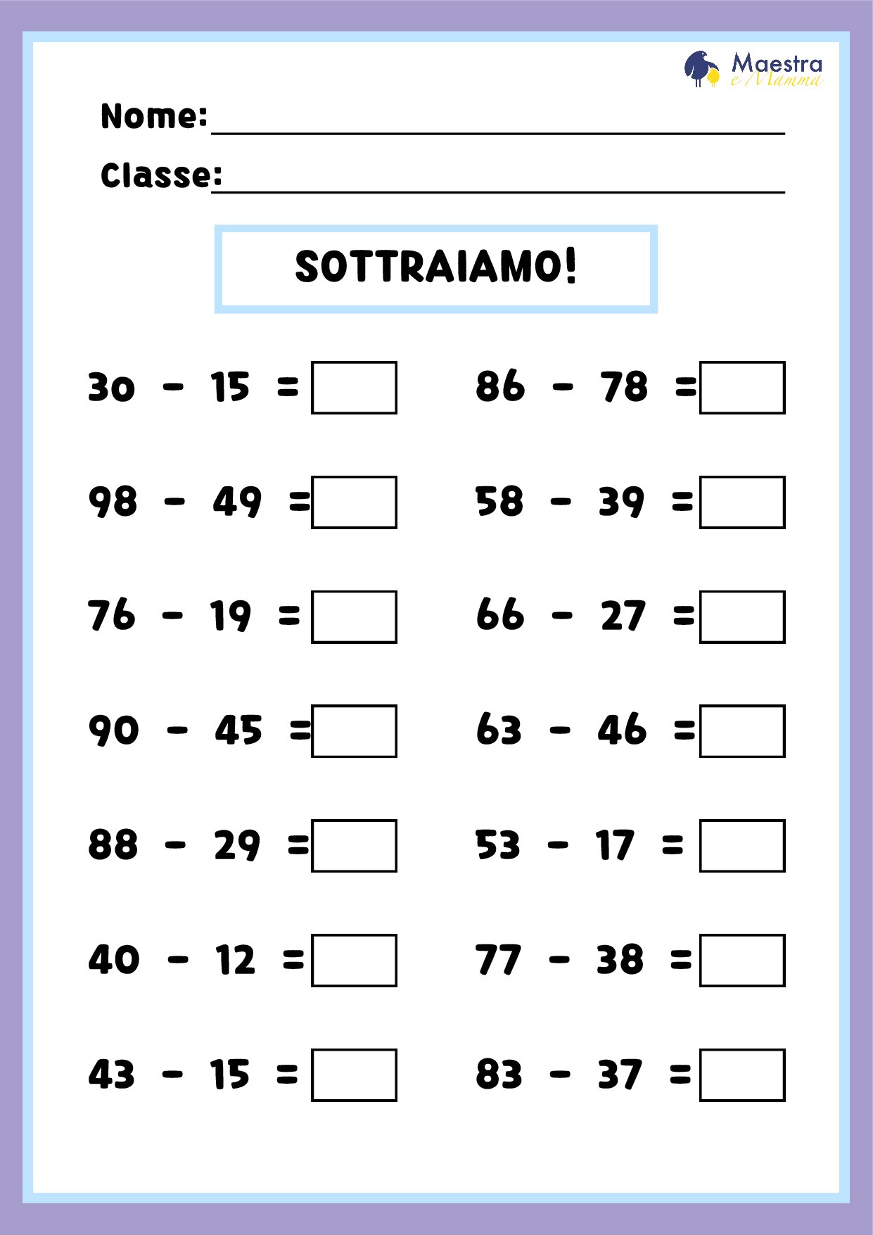 Scheda di matematica sulle sottrazioni [54 KB]