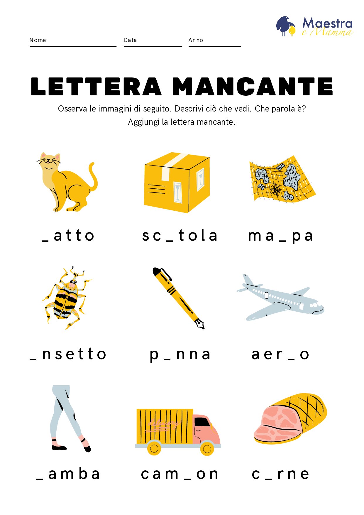 Scheda didattica di italiano completa con la lettera mancante [595 KB]