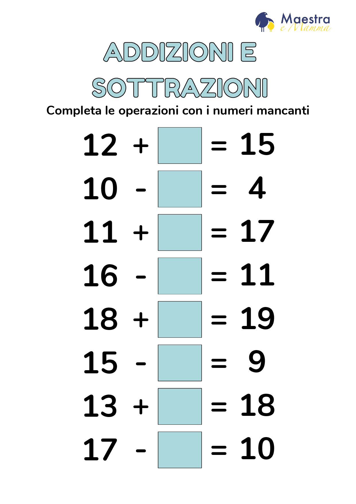 Scheda matematica addizioni e sottrazioni [77 KB]