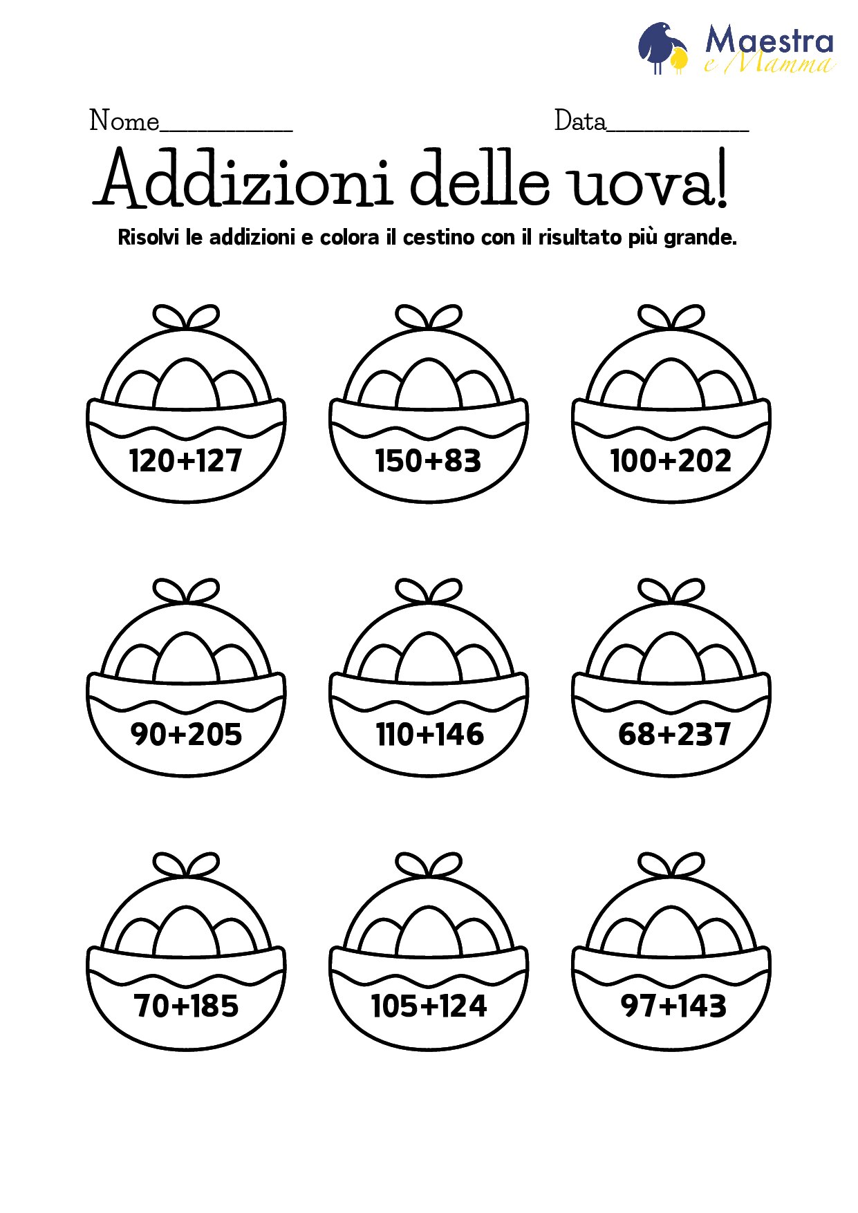 Scheda di matematica sulle addizioni delle uova di pasqua [82 KB]