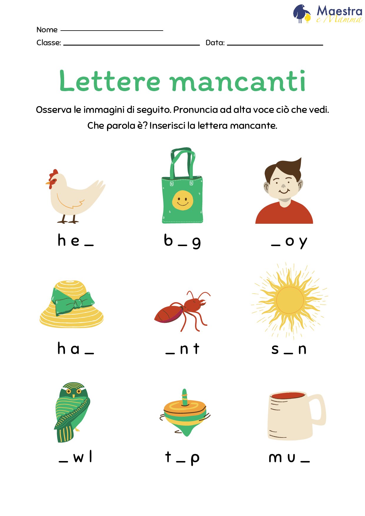 Scheda didattica di inglese completa le parole [1 MB]