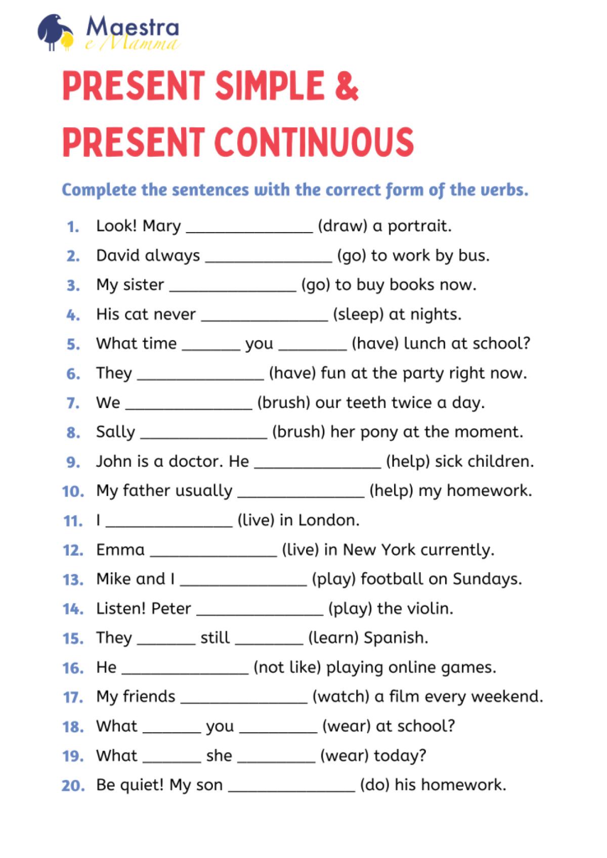 Present Simple e Present Continuous: esercizi di grammatica inglese - 