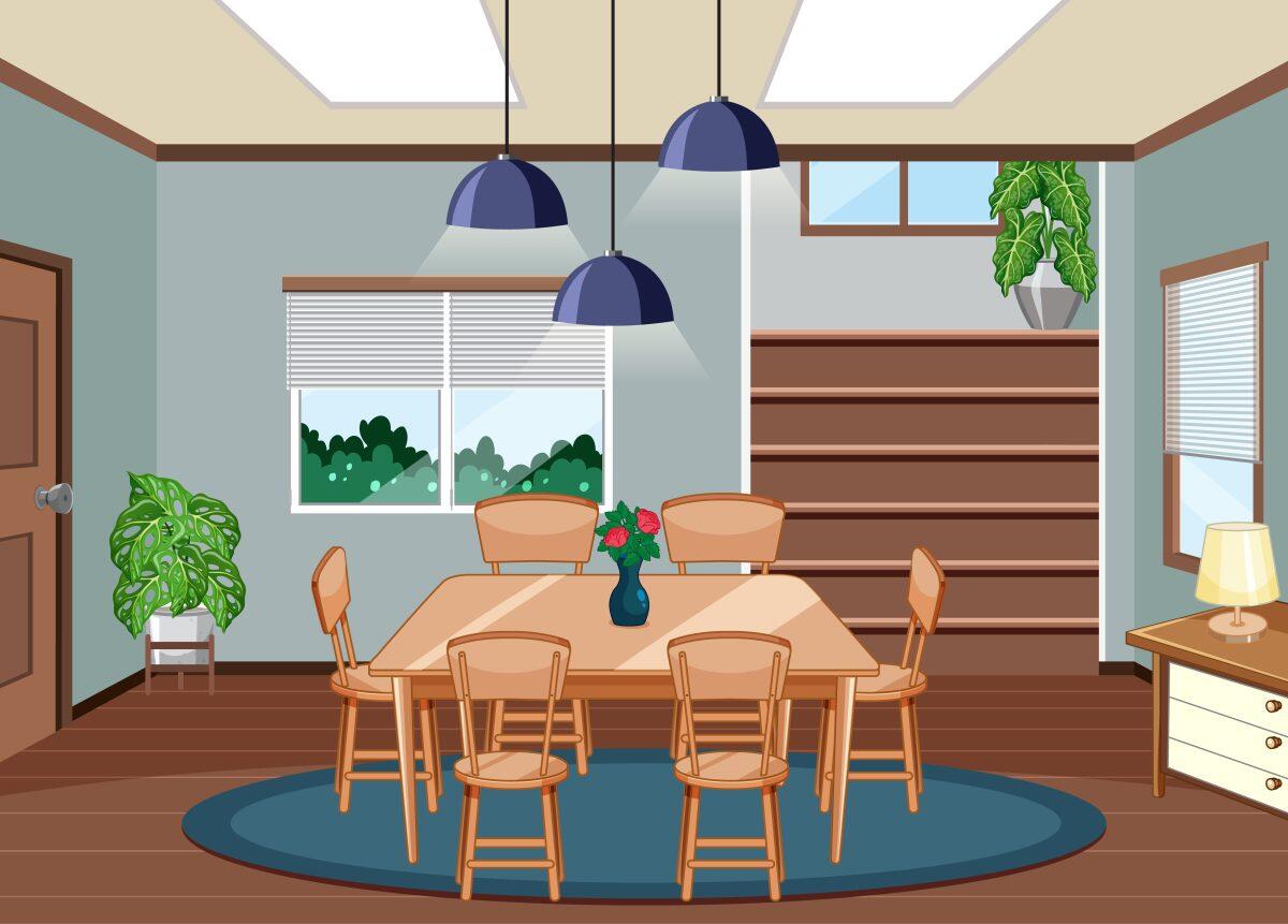 Guida alla scelta di tavoli e sedie per il soggiorno: comfort, stile e praticità per tutta la famiglia - Interior of dining room with decorations illustration