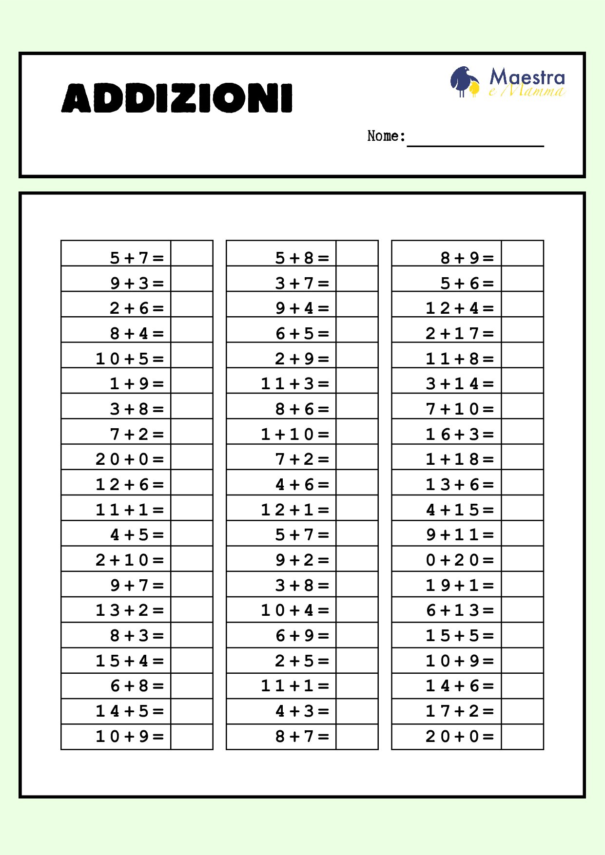 Scheda didattica matematica addizioni [77 KB]