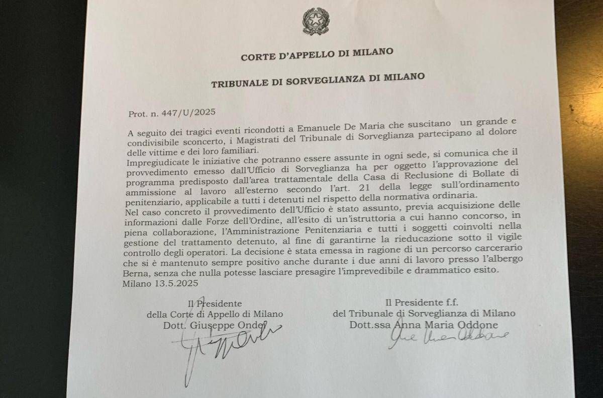 Milano, Sorveglianza: "Sconcerto condivisibile su De Maria, seguita la legge" - 