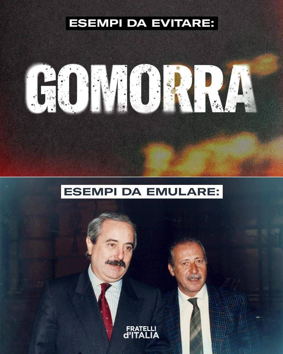 Falcone, post di FdI contro Gomorra: "Diffida di chi ha speculato sulla criminalità" -