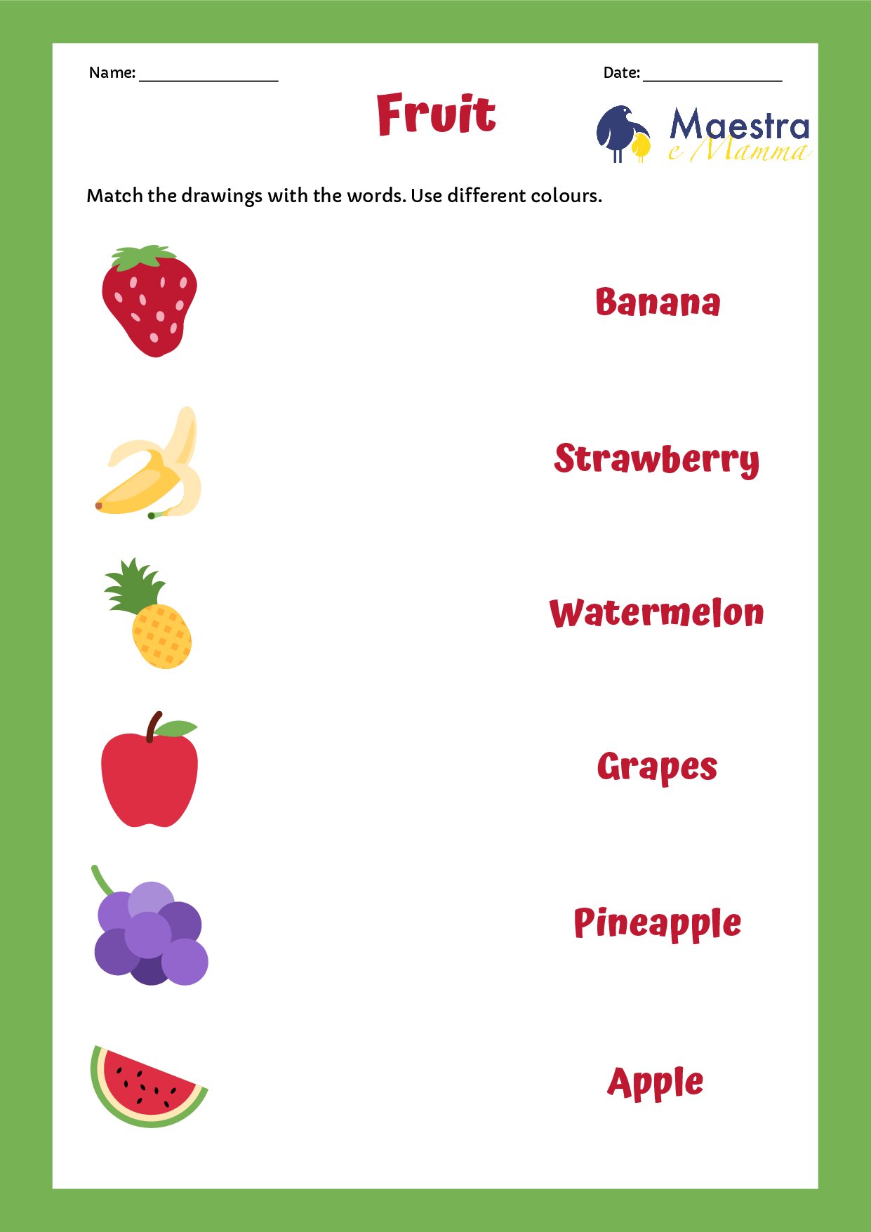 Scheda di inglese abbinamento frutta [90 KB]