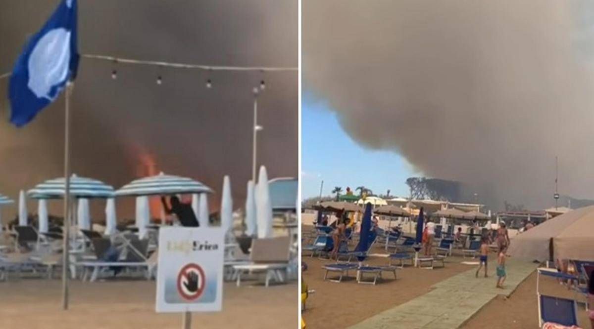 Incendio in pineta, fiamme lambiscono le spiagge di Baia Domizia: bagnanti in fuga - Video -
