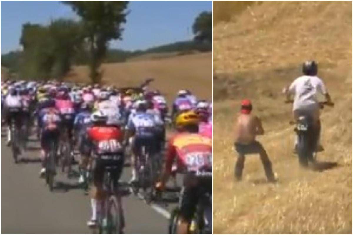 Pazzo Tour de France, tra le bici spunta un tifoso con... gli sci -