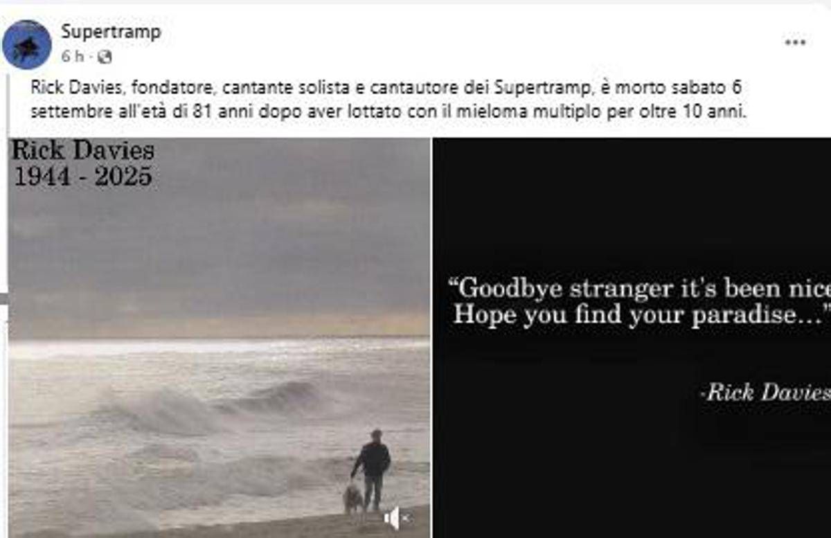 Morto Rick Davies, il fondatore dei Supertramp aveva 81 anni - 