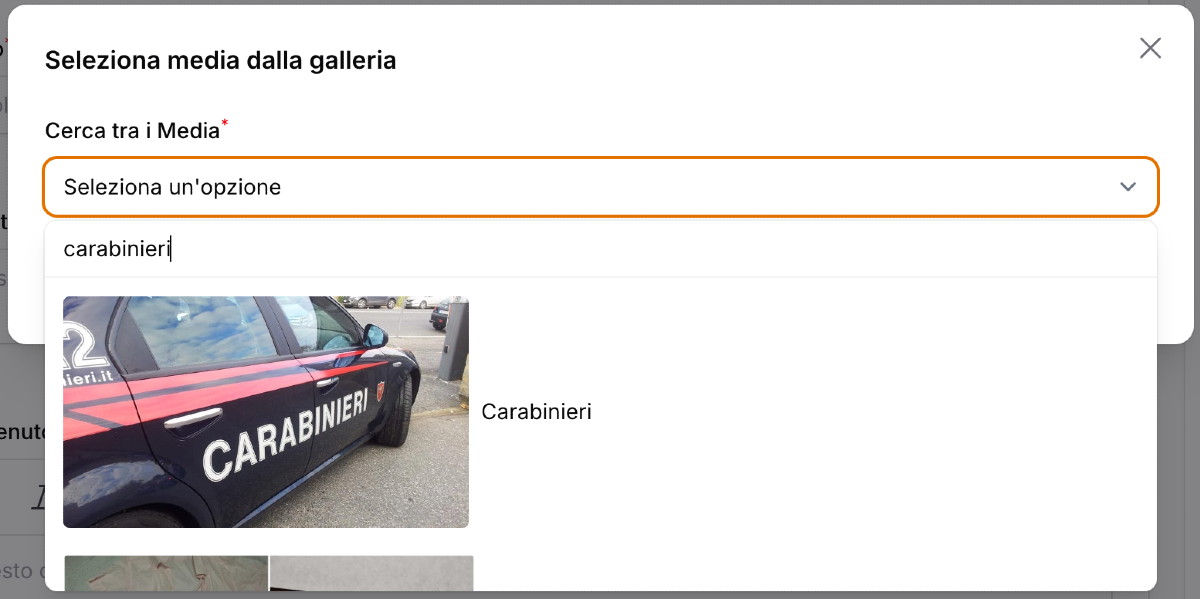 Schermata di selezione di un media già esistente