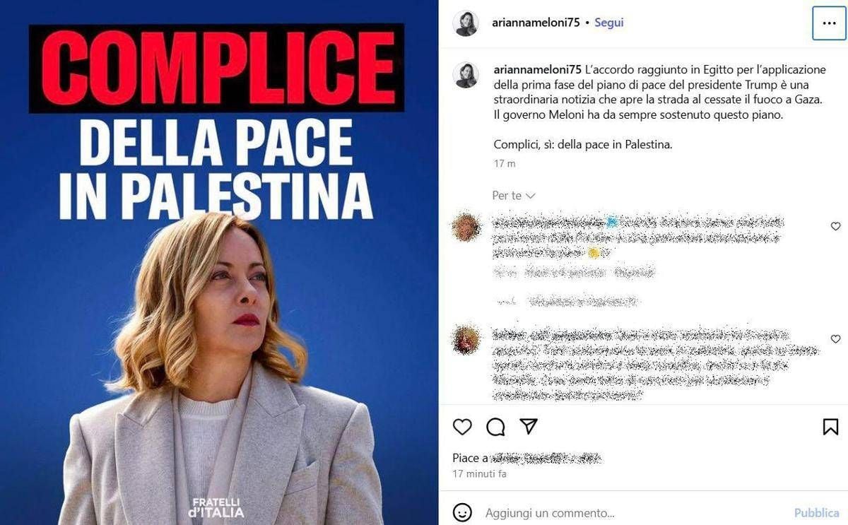 "Meloni complice della pace in Palestina", il post della sorella Arianna -