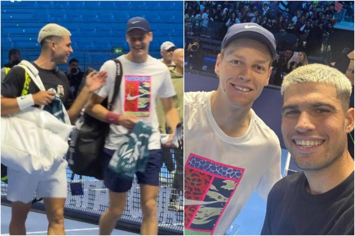 Sinner-Alcaraz, risate e selfie: allenamento show a Torino. E Jannik vince il set - 