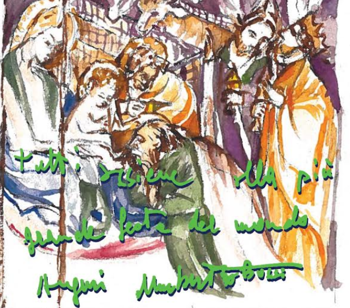 Trent'anni per la card di auguri di Bossi, con la natività di Michelino di Besozzo inno all'unità - 