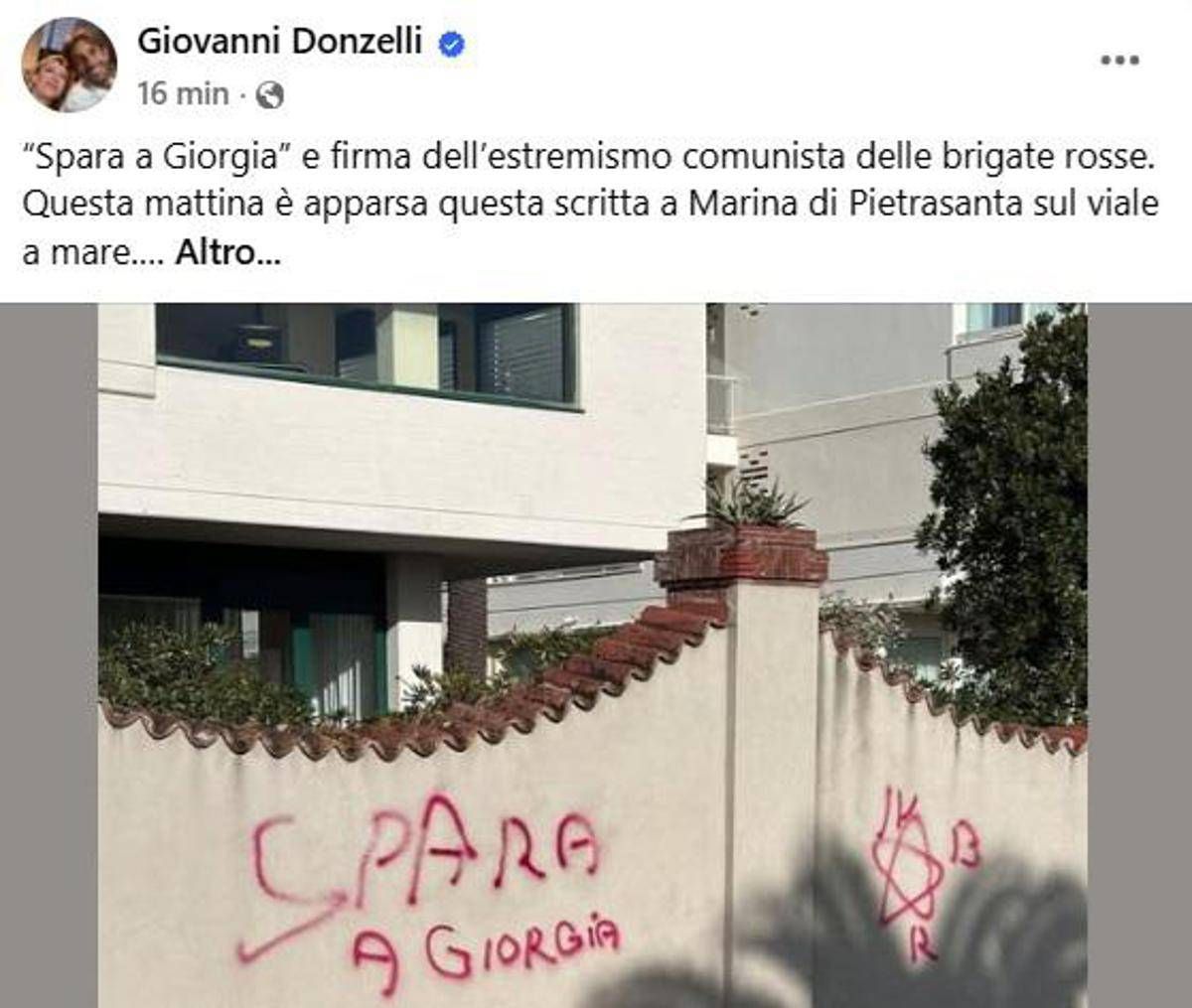 Donzelli pubblica foto scritta su muro: "'Spara a Giorgia' a firma Br, non ci fermeremo" - 