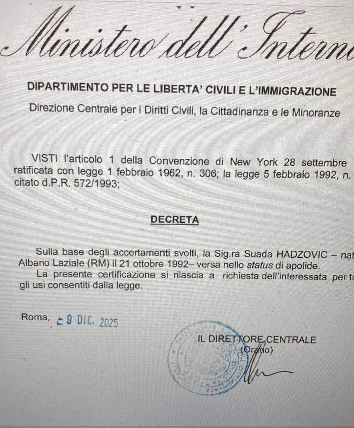 Per 33 anni 'ostaggio' dell'Italia dove è nata e cresciuta, ora è finalmente apolide: il decreto del Viminale - 
