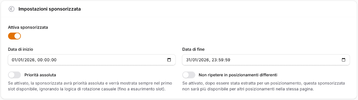 Impostazioni sponsorizzazione