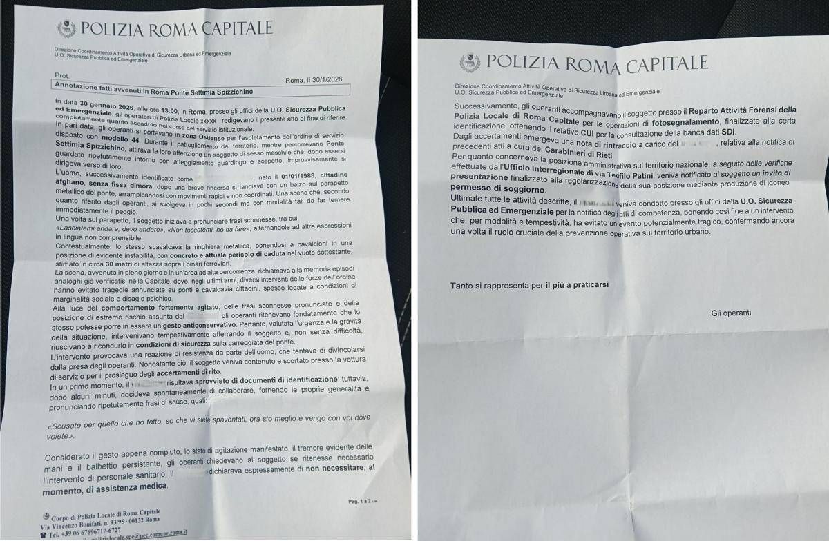 Afghano su parapetto ponte Spizzichino a Roma, relazione Polizia locale: "Evitato evento potenzialmente tragico" - 