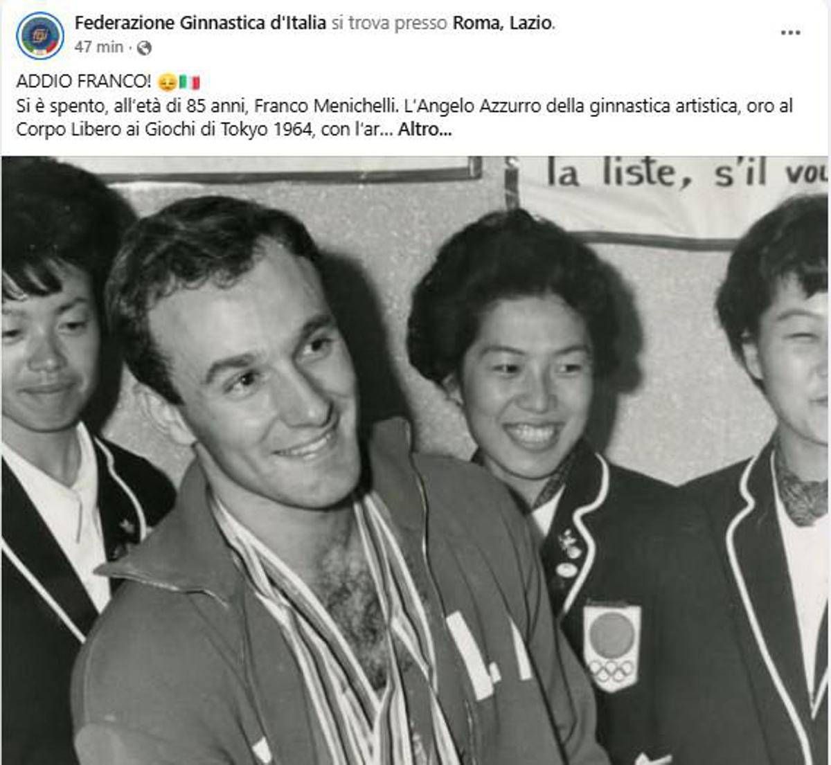 Addio a Franco Menichelli, oro nella ginnastica alle Olimpiadi Tokyo '64: aveva 85 anni - 