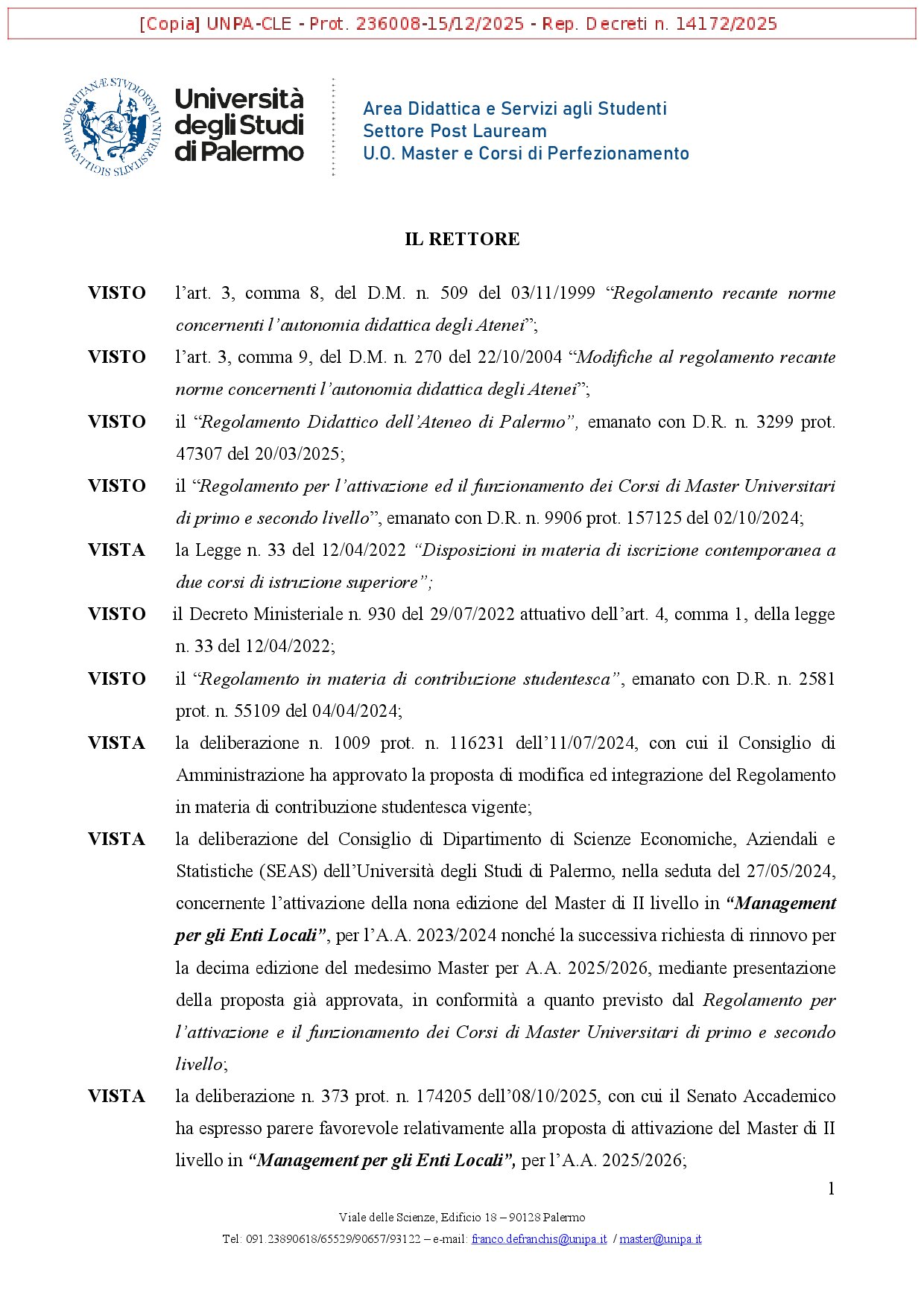 Bando Master di II livello in Management per gli Enti Locali
