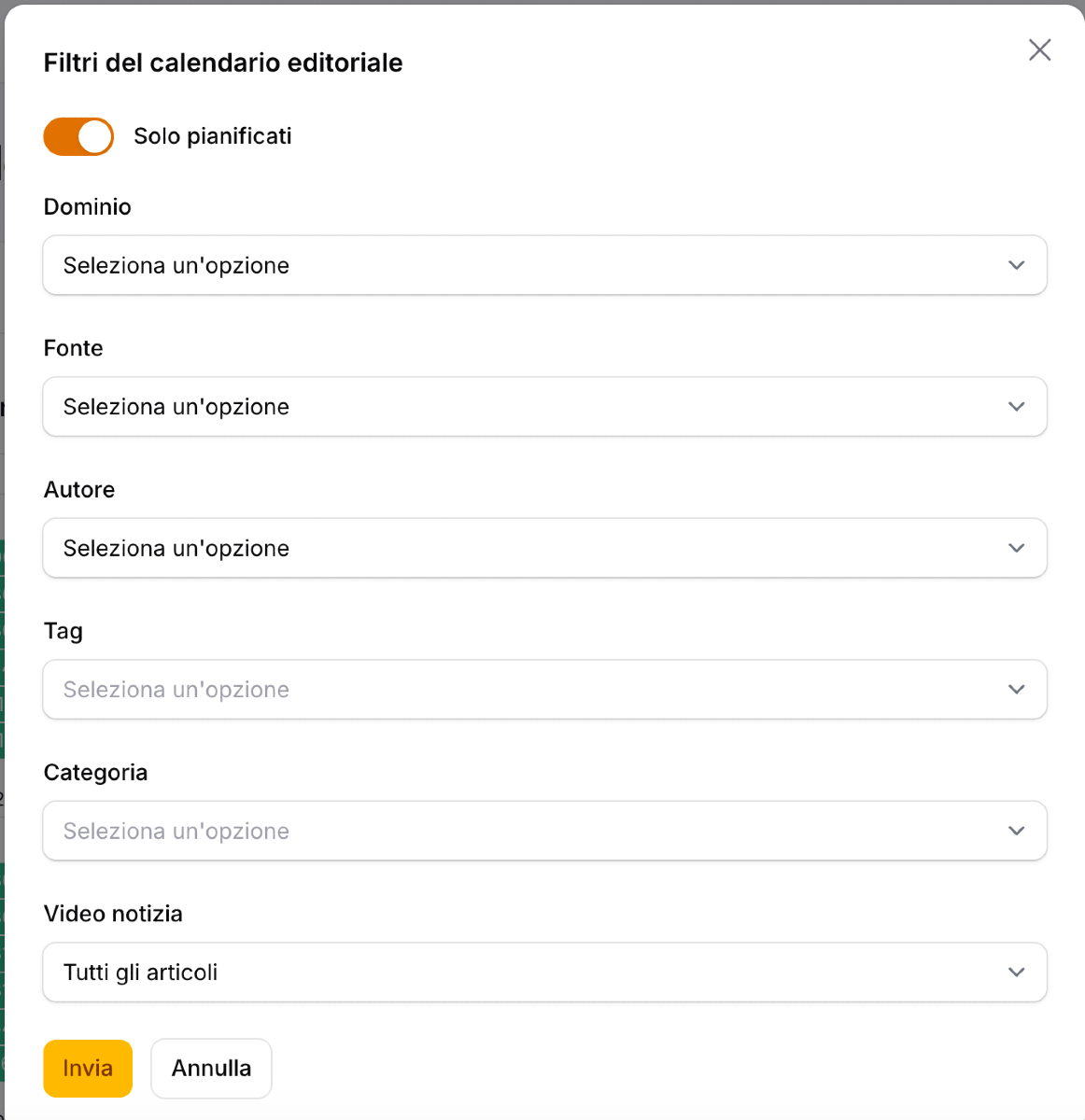 Visione dei filtri del Calendario Editoriale