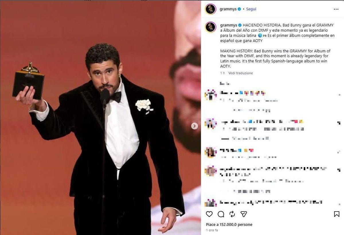 Grammy 2026, Bad Bunny Miglior Album e Billie Eilish canzone dell'Anno - 