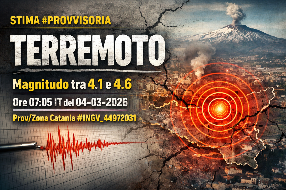 Scossa avvertita a Catania: magnitudo provvisoria 4.1–4.6 alle 07:05 del 4 marzo 2026 - 