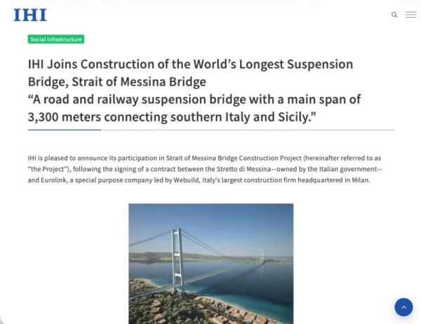 Ponte sullo Stretto: la pagina social rilancia l'ingresso di IHI e il ruolo del know‑how giapponese