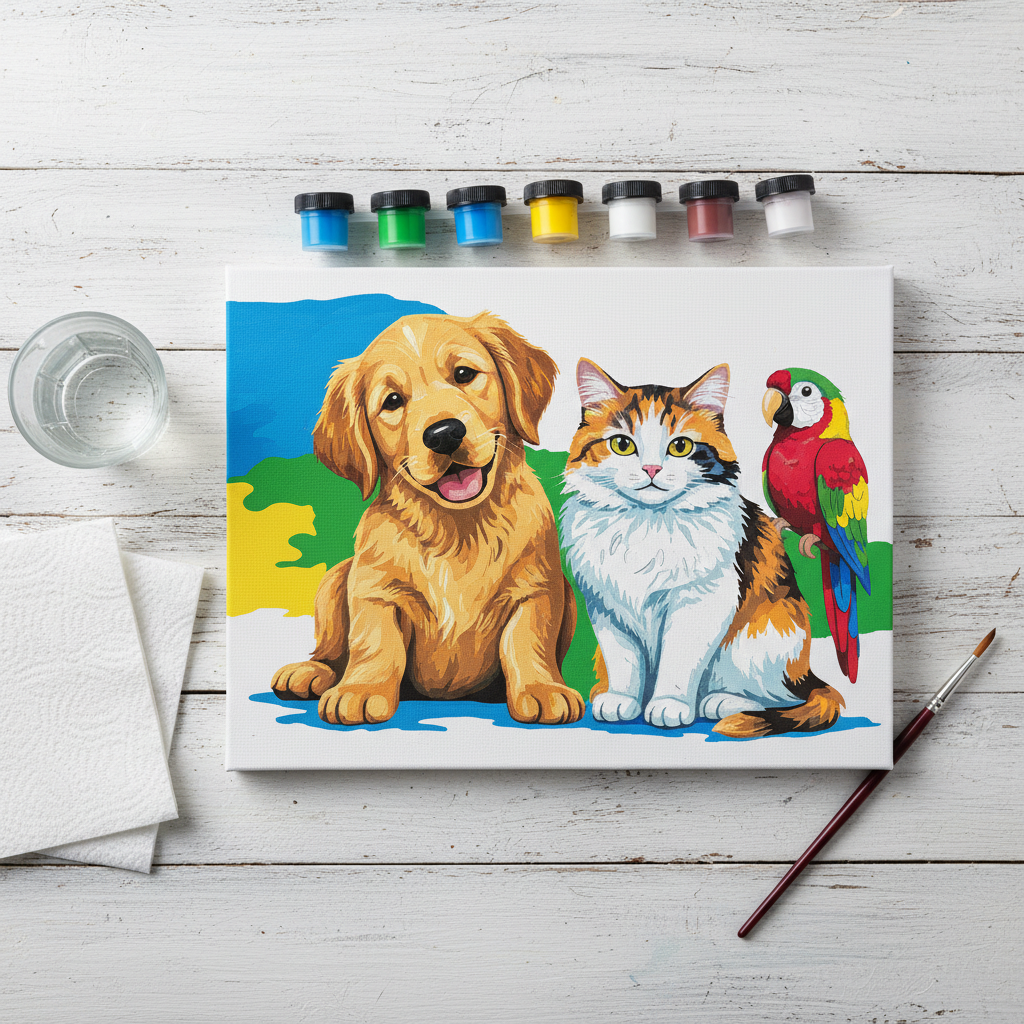 Un kit per dipingere con i numeri ordinatamente disposto su un tavolo con colori acrilici, pennelli e una tela parzialmente dipinta