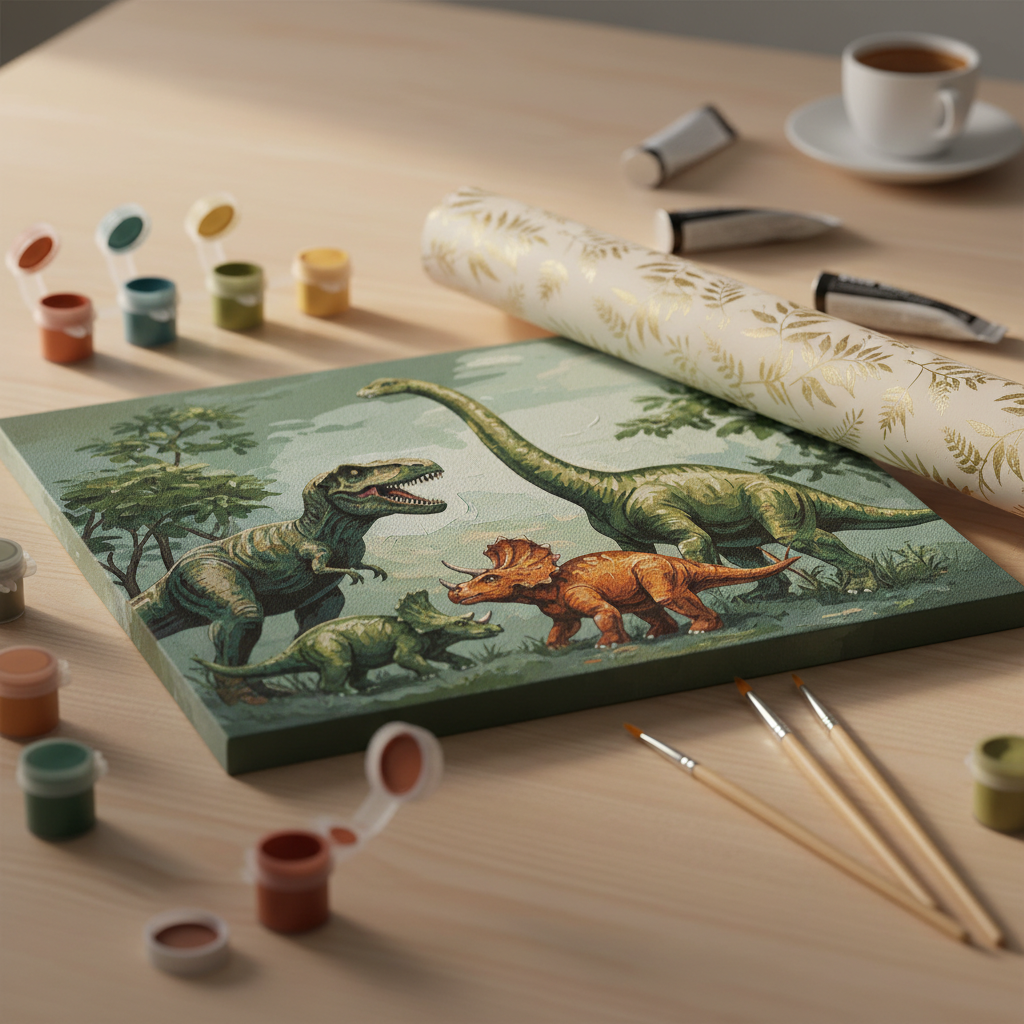 Una confezione di kit per dipingere con i numeri pronta come regalo, presentata su una superficie in legno con tubetti di vernice e pennelli attorno