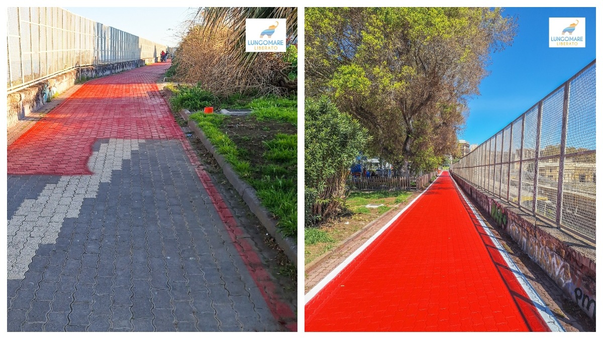 Catania, polemica su viale Africa: il gruppo Social Lungomare Liberato denuncia verniciatura della ciclabile - Credit foto Lungomare Liberato