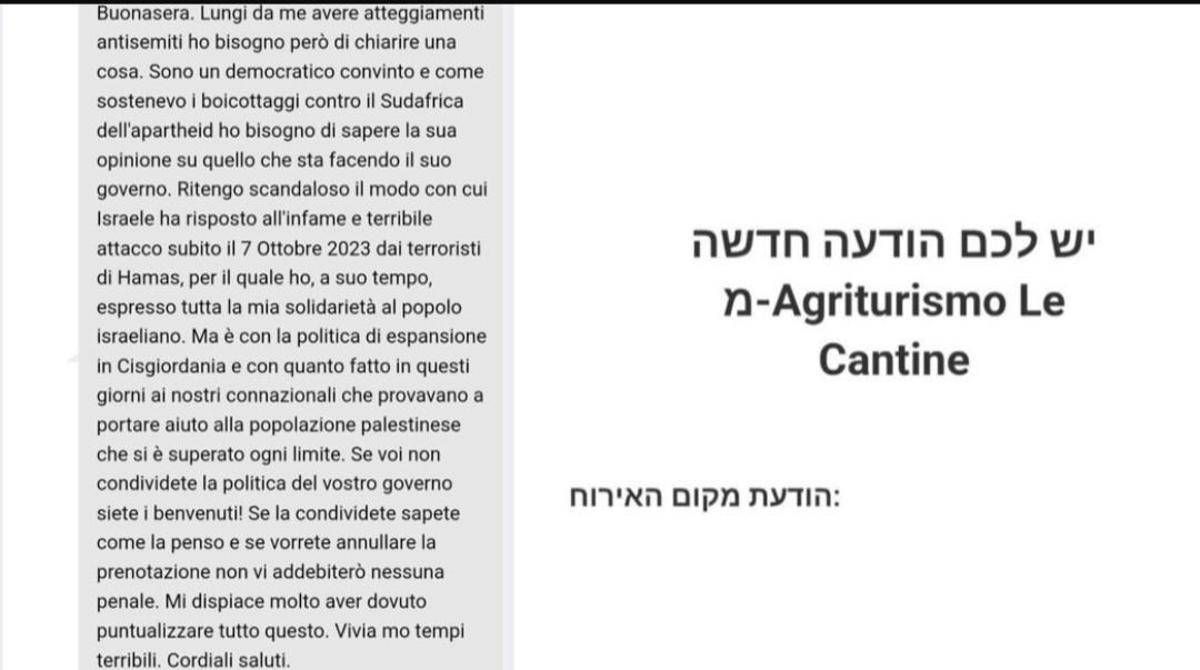 "Benvenuta se dissente da Netanyahu", il messaggio dell'albergatore toscano a una turista israeliana - 