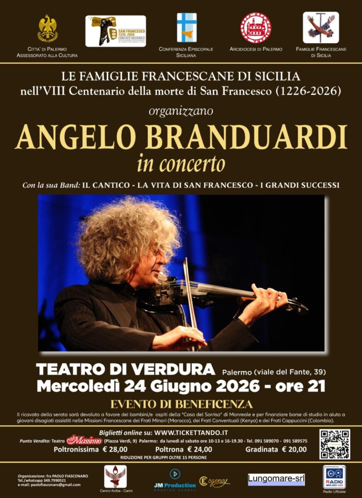 Concerto per l'VIII Centenario di San Francesco d'Assisi: il Comune di Palermo ospita Branduardi al Teatro di Verdura - 