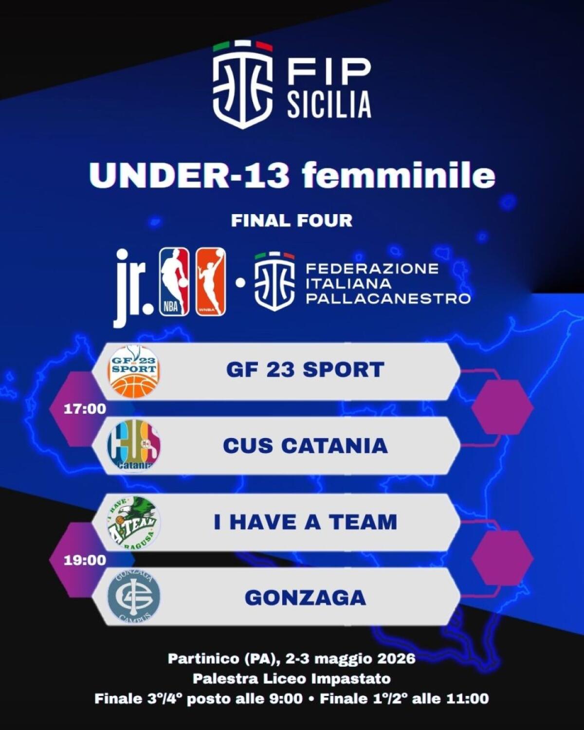 Le 4 squadre pronte a contendersi il titolo regionale del Jr. NBA WNBA FIP U13 Championship a Partinico - 
