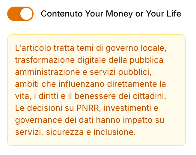 Esempio di opzione YMYL compilata dall'IA