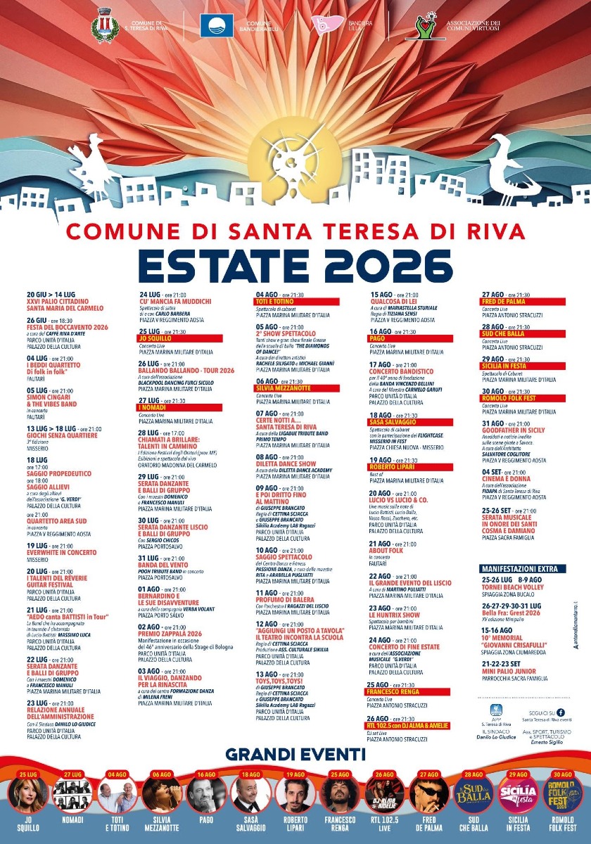 Locandina Grandi Eventi Estate 2026 Santa Teresa di Riva