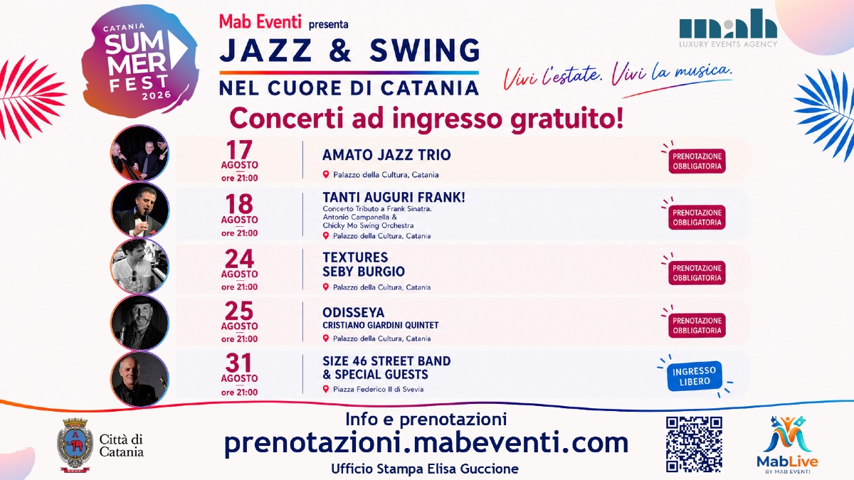 Catania Summer Fest 2026: cinque serate di jazz organizzate da Mab Eventi e Antonio Campanella - 