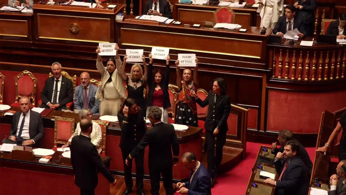 Caso Delmastro, protesta dei 5 Stelle al Senato: banchi del governo occupati e cartelli "Fuori le chat" - Video - 