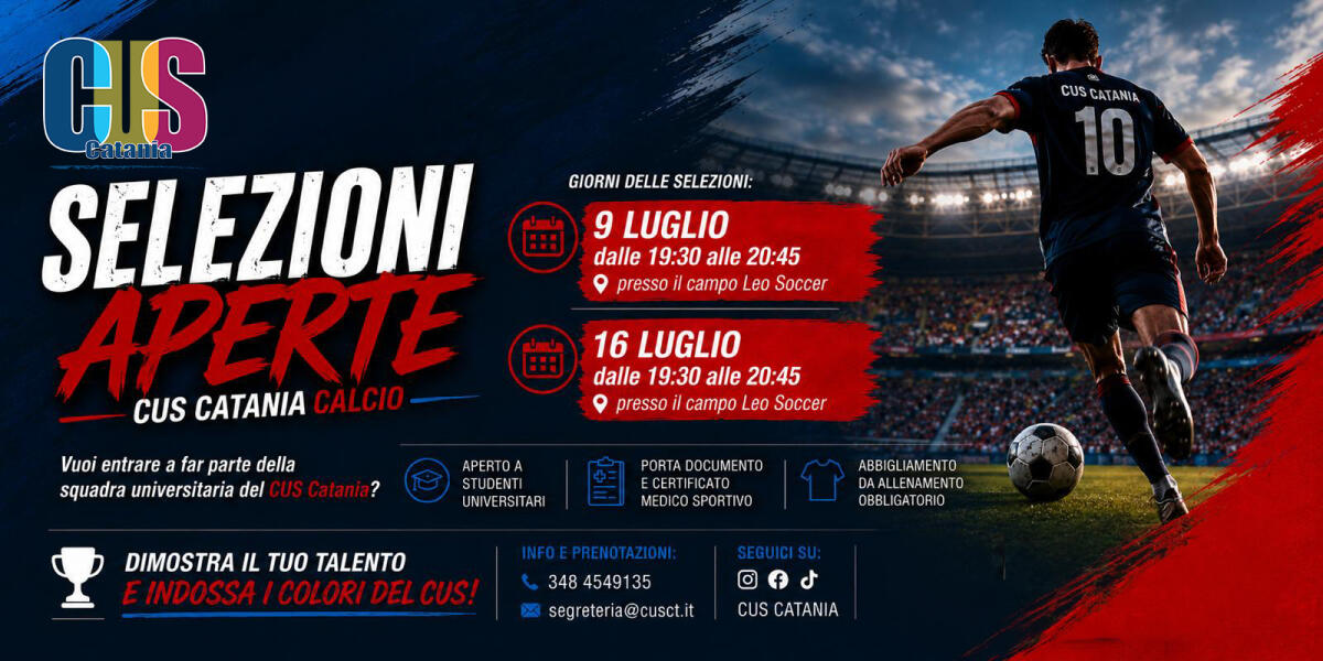 CUS Catania apre le selezioni per la squadra di calcio universitario: prove il 9 e 16 luglio - 