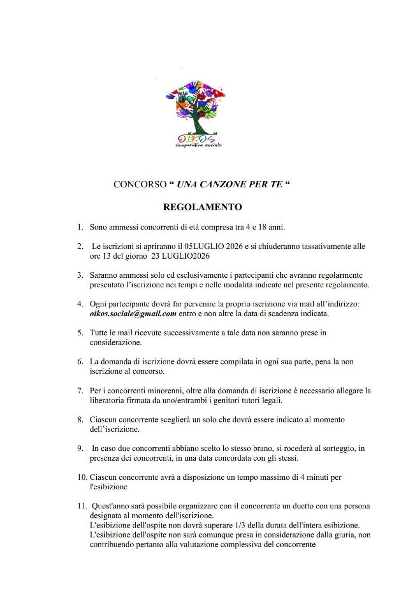 Regolamento "Una canzone per te" a Paternò