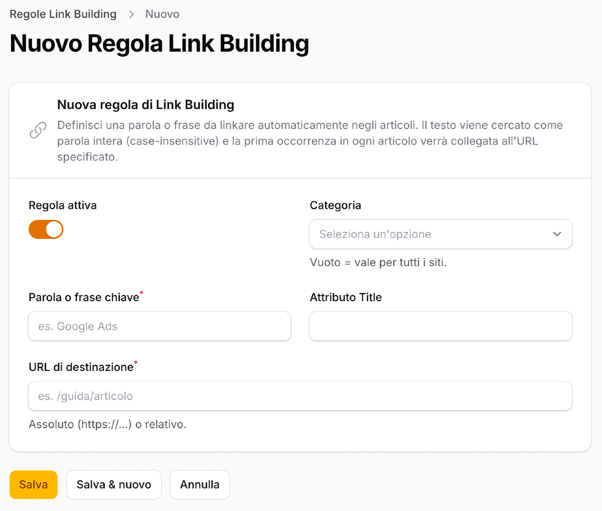 Regola di link building personalizzata