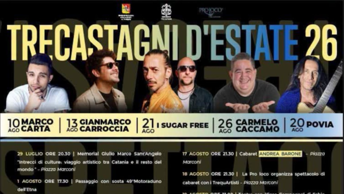 Trecastagni d'Estate 2026: Marco Carta, Povia e Sugar Free guidano un cartellone per tutto agosto - 