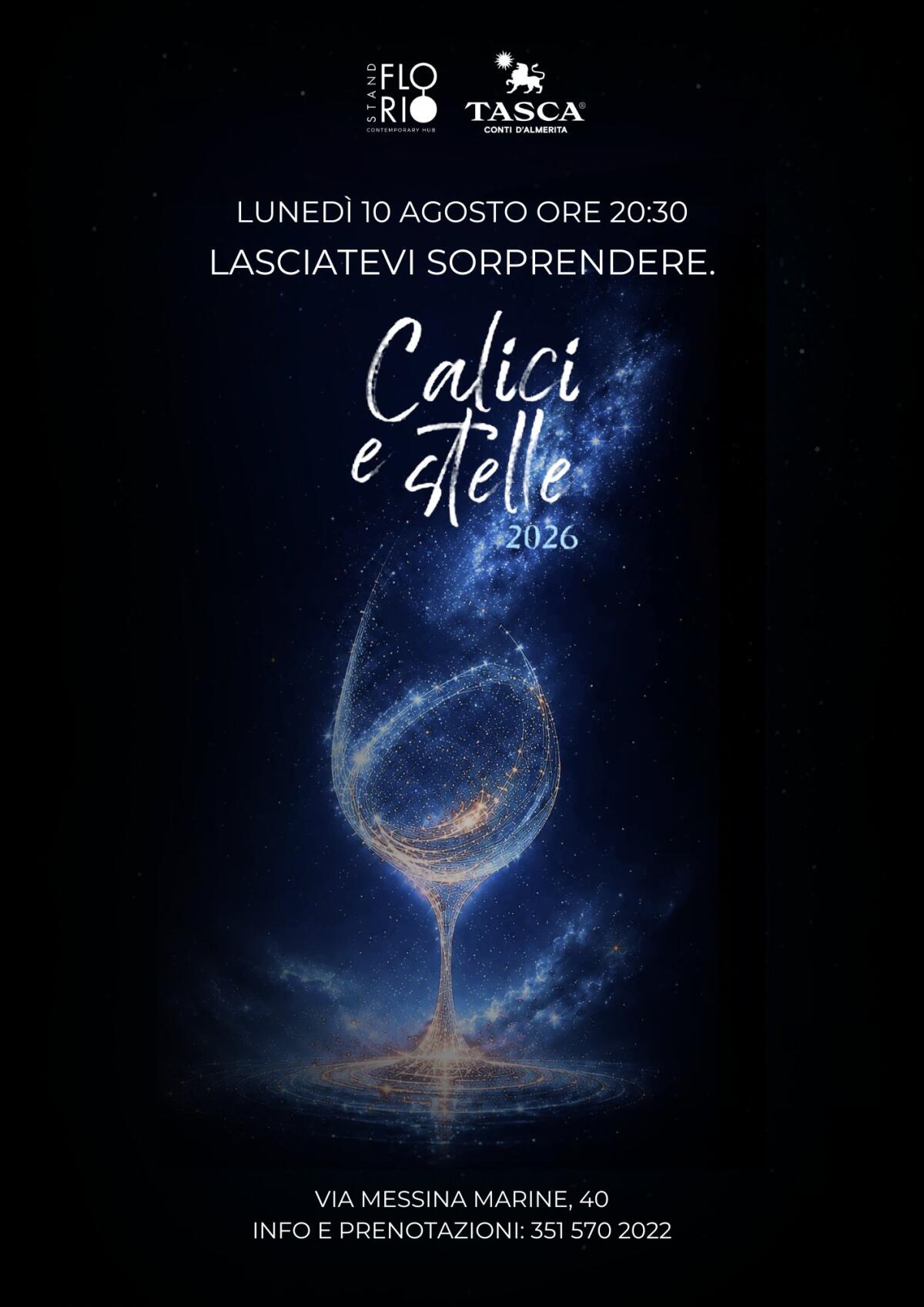 Stand Florio, Notte di San Lorenzo: 'Calici & Stelle' con Sallier de La Tour, Cusimano e Jessica Nuccio - 