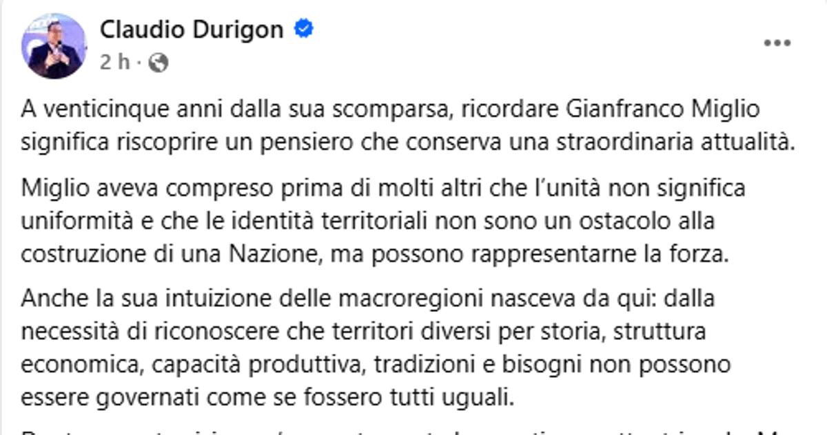Durigon ricorda Miglio: "La politica indichi direzione e futuro, no a difesa di mere posizioni personali" - 