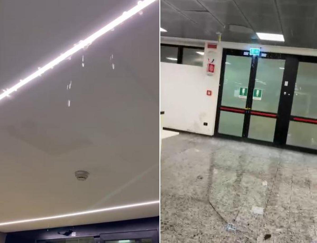 Piove dentro l'aeroporto di Milano Malpensa, acqua vicino a bagagli e biglietteria - Video - 