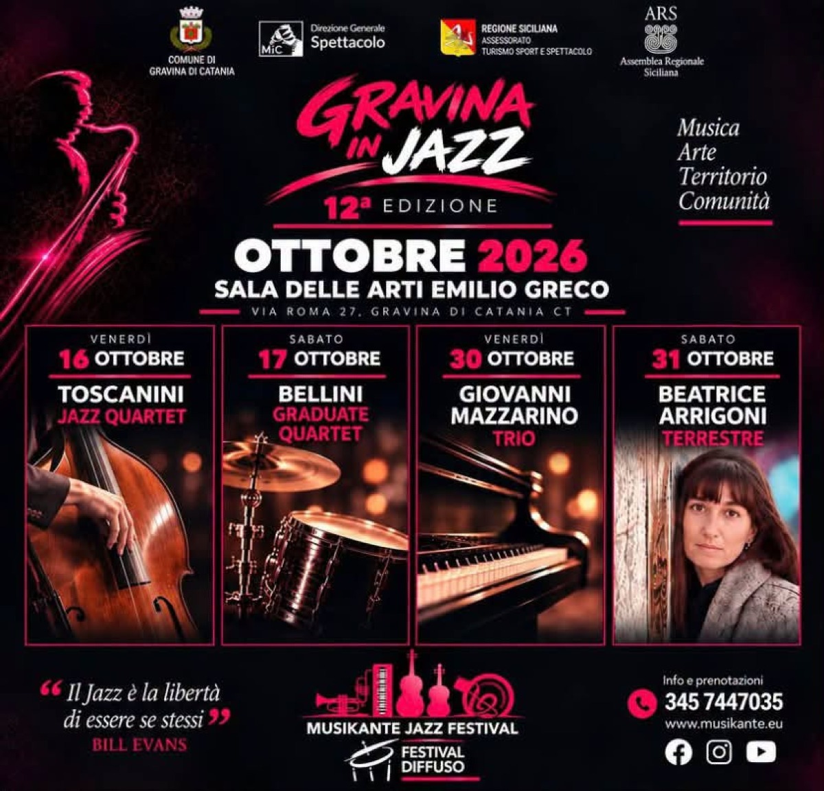 Gravina in Jazz: la dodicesima edizione a ottobre alla Sala delle Arti Emilio Greco - 