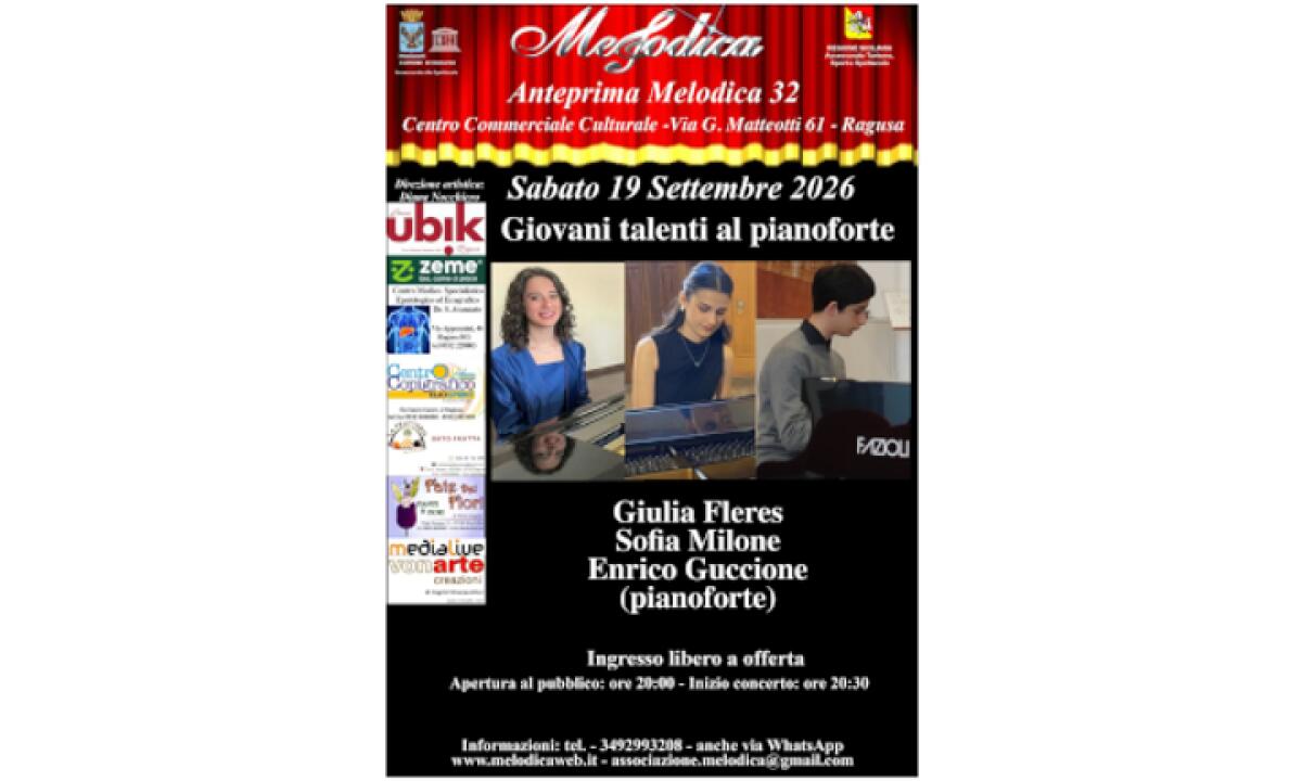 Melodica: anteprima a Ragusa con tre giovani pianisti il 19 settembre - 